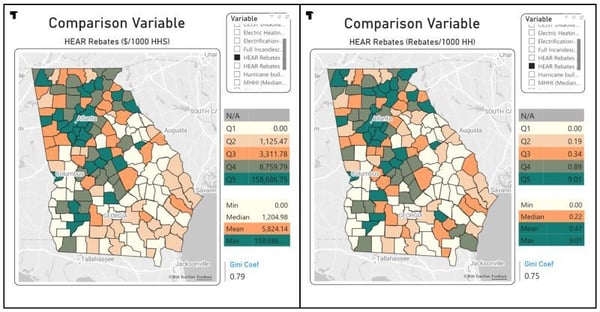 a screenshot of the solutions tracker comparing HEAR rebates by county in Georgia