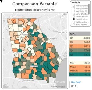 a screenshot of the solutions tracker showing the percentage of electrification ready homes by county in Georgia
