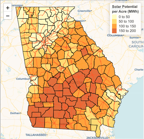 Map of annual solar potential in megawatt hours by county in Georgia