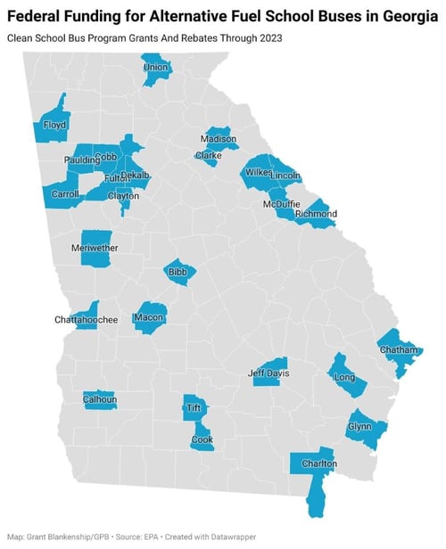 Map showing Georgia Counties receiving federal funding for alternative fuel school buses in georgia
