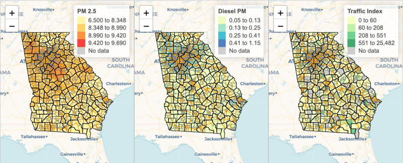 Maps of air pollution measures in Georgia