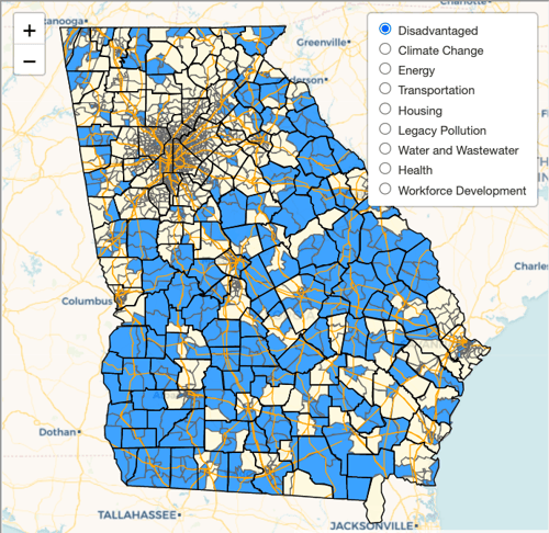 Climate and Economic Justice Screening Tool Map of Disadvantaged Communities in Georgia for the Justice40 Initiative