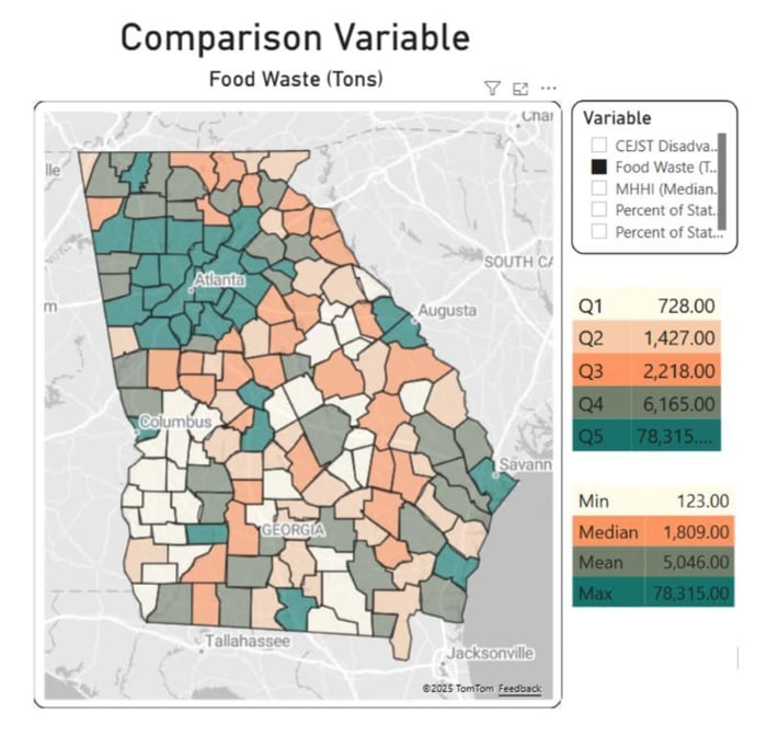 Screenshot of Solutions Tracker showing prevalence of food waste by county