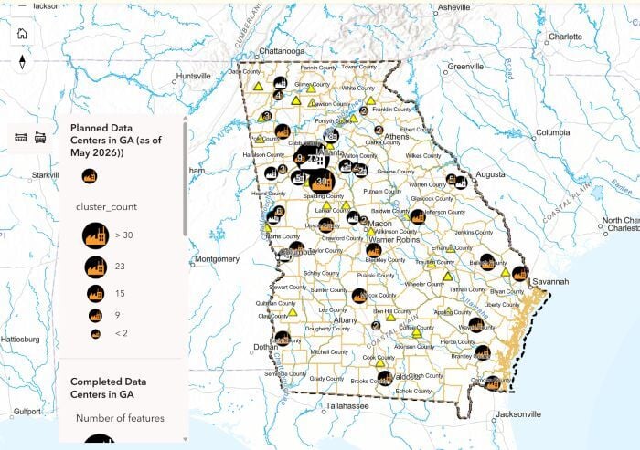 screenshot of map showing locations of data centers in georgia