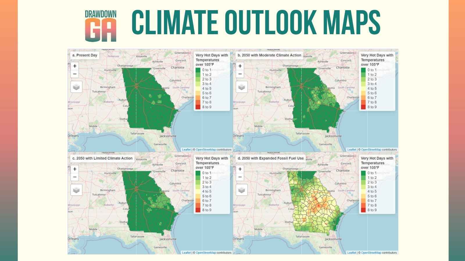 Four Georgia maps showing the outcome of different emissions levels